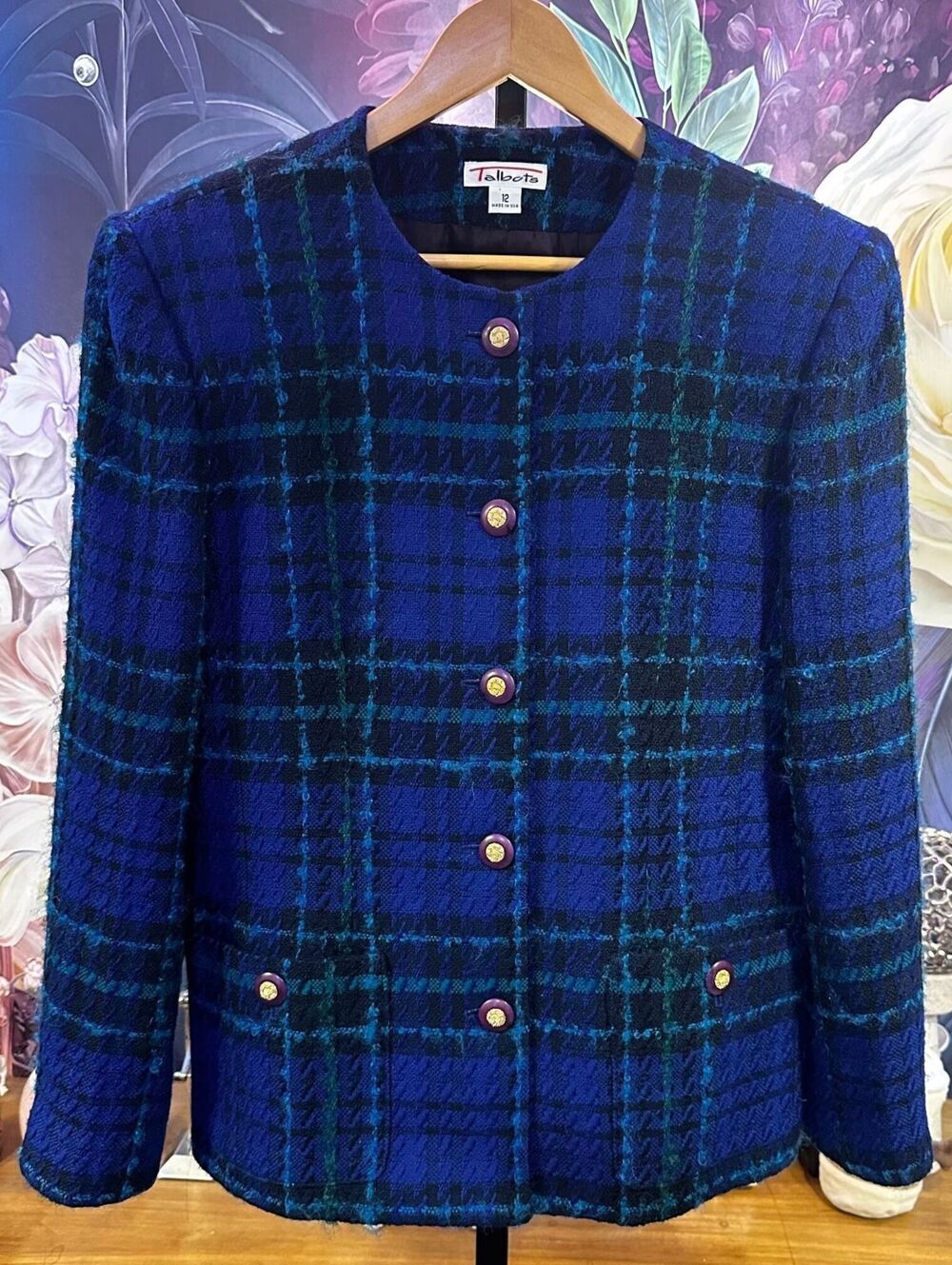 Talbots 12 Blue Green Plaid Collarless Jacket Gold Buttons Preppy Classic USA